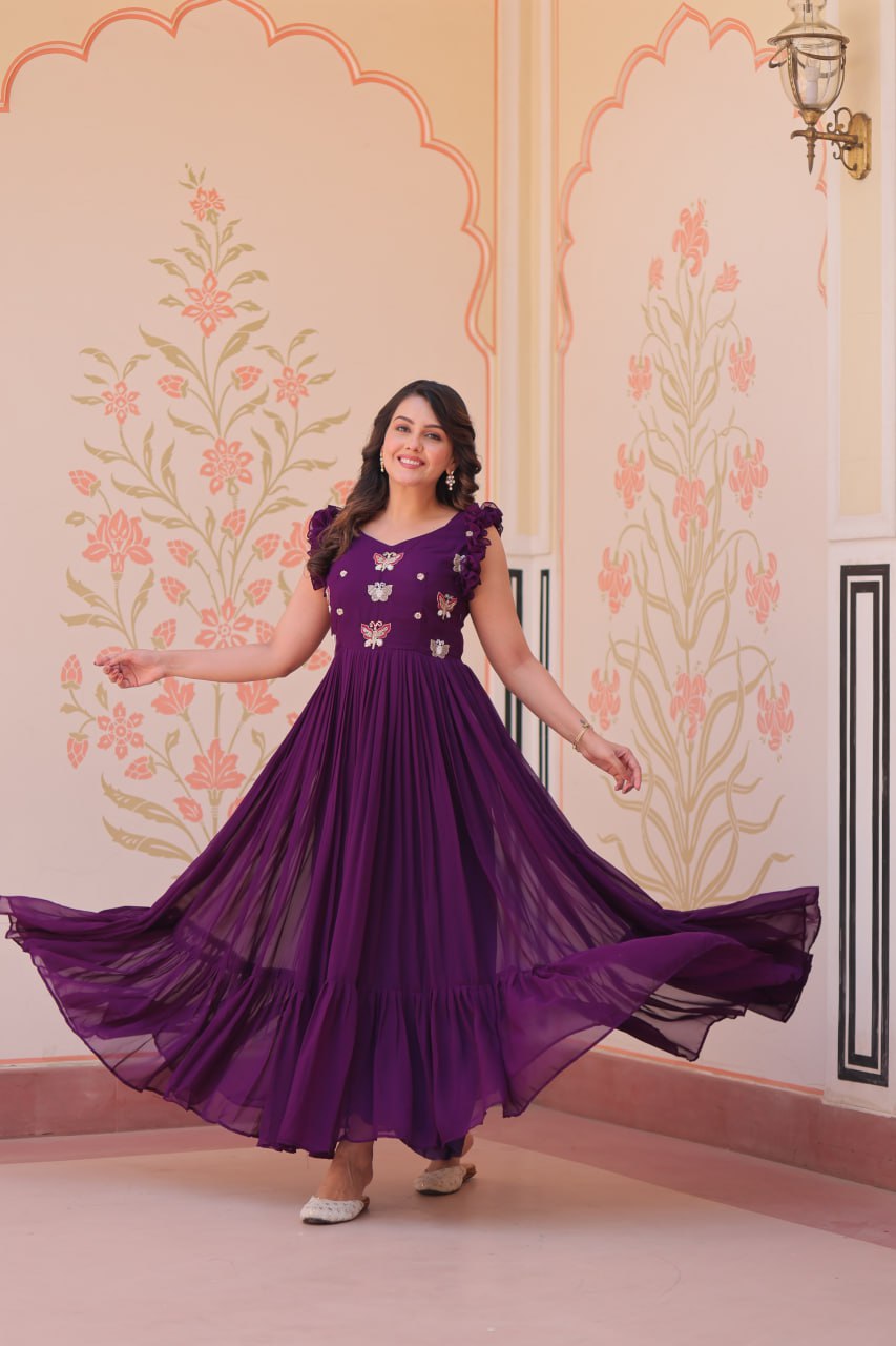 Women's Elegant Plum Purple Georgette Anarkali Gown with Butterfly Applique & Ruffle Sleeves β Festive & Special Occasion Wear - Image 15